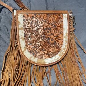 Brown Floral Embossed Leather Fringe Bag